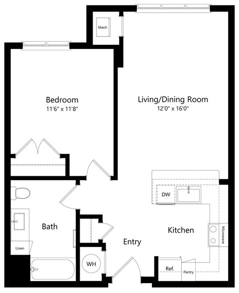 Floor plan for 1 bed, 1 bath, 662 sqft
